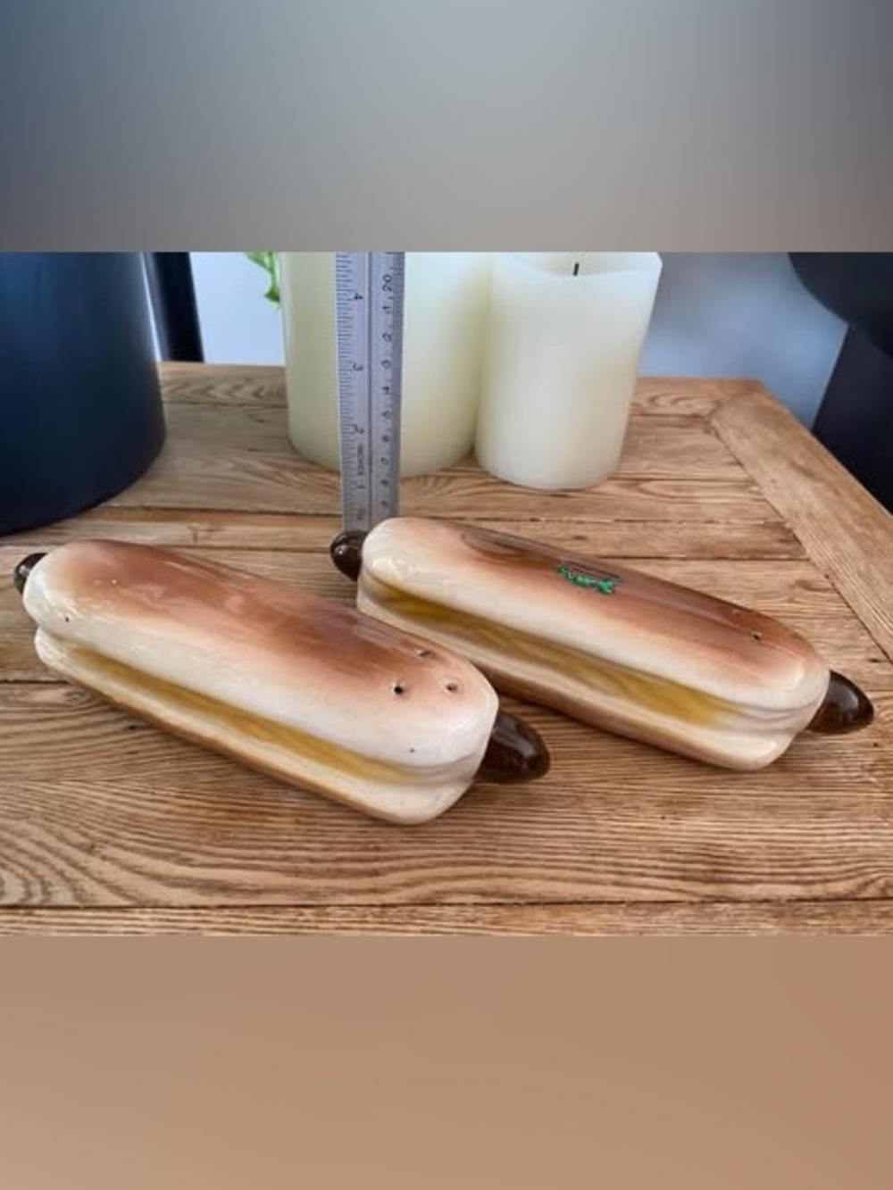 Vintage Hot Dog on Bun Ceramic Salt & Pepper Shakers Charlottetown PEI Souvenir